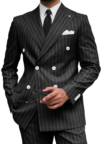 Wangyue Gomez Addams Costume 2 pièces à rayures fines pour homme Coupe ajustée Double boutonnage, noir, Taille 3XL