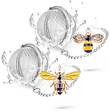 TeaSanavie Handmade Tea Ball Infusers - 2pcs, Honey Bee Strainers with Bee Charm Pendant for Loose Leaf Tea