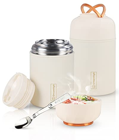 Dreamhigh® Thermal Container for Food, 550 ml, Stainless Steel Thermal Mug with Foldable Spoon, Warming Container Leak-Proof, 10 Hours Hot, 12 Hours Cold, Food, Soup, Porridge, Yoghurt