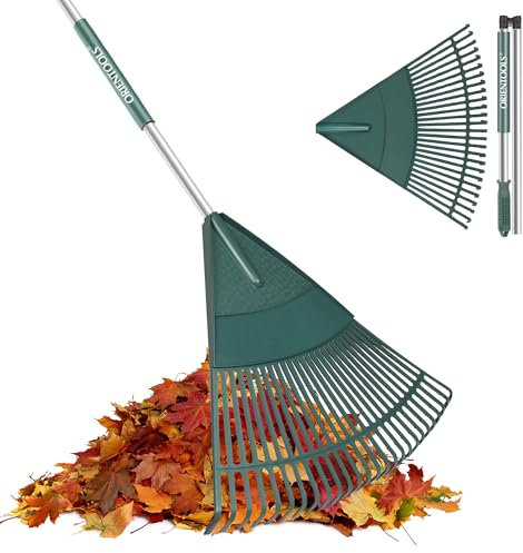 ORIENTOOLS Rastrillo de jardín para Hojas, Ajustable, Ligero, Mango de Acero, rastrillo de Hojas de arbusto de Polietileno (Mano Verde Claro Ajustable, 26 Dientes)