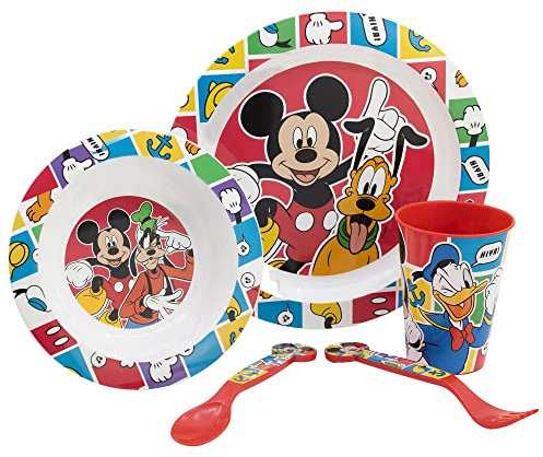 Set vajilla infantil reutilizable apta para microondas compuesta por vaso, plato, cuenco y cubiertos de Mickey Mouse