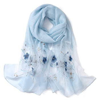STARWHISPER Women Silk & Wool Long and Large Scarf Shawl Wrap For Evening Dress (Flower Embroidery Light Blue)