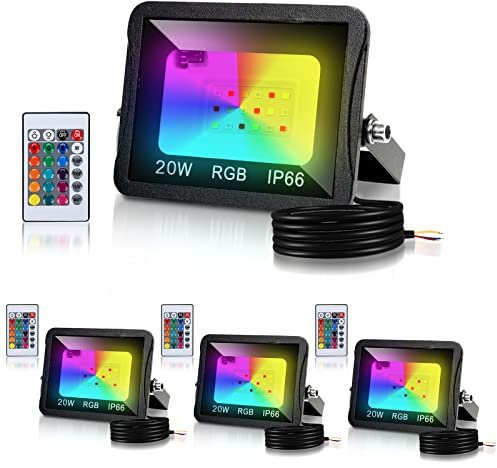 Cecaylie RGB LED-strålkastare utomhus 4 st 20 W med fjärrkontroll, RGB strålkastare LED, dimbar trädgårdsstrålkastare, 16 färger, 4 lägen IP66 vattentät, minnesfunktion för fest utomhus, (M8419-YUY-4c