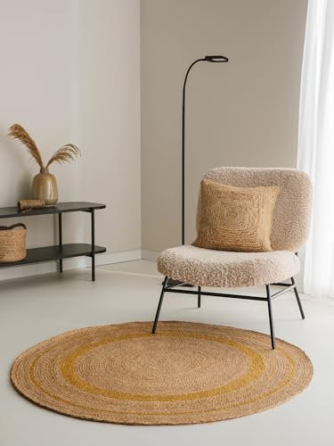 benuta Jute Teppich Jutta Gelb - Rund 115 cm - Handgewebter Wohnzimmerteppich - Natürliches Design - Für Fußbodenheizung geeignet