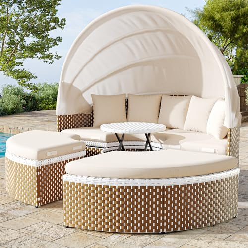 KUAKE Rattan Sonneninsel mit faltbarem Sonnendach, Polyrattan Lounge Set inkl. Kissens & höhenverstellbarem Couchtisch, Outdoor Sonnenliege Gartenliege, für Garten Terrasse Veranda