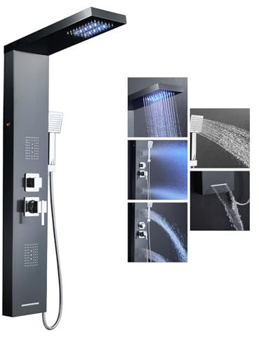 Duschpaneel Schwarz, KEOKBON LED Duschpaneel Edelstahl mit Armatur 5 Wasserausgabemodi, Regendusche Rückenmassage（Massagedusche und Nebeldusche） Wanneneinlauf Handbrause, Duschpaneele Duschsystem