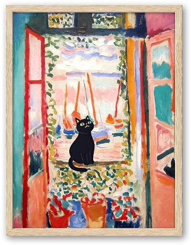 UPWOIGH Natural Oak Beige Wood Framed Canvas Wall Art,12x16in(30x40CM),Henri Matisse The Open Window Black Cat Print Poster, Cute Black animal Picture, Funny Cat Art for Kids Room Bathroom, 1Pack Gift