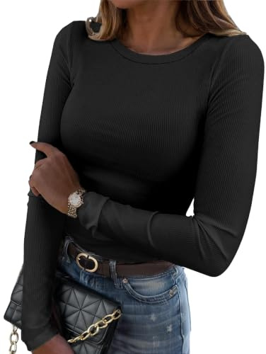 Zeagoo Maglietta a Maniche Lunghe da Donna Maglia Girocollo Aderente Basic Top Costine Slim Fit Elegante T-Shirt Elasticizzato Tinta Unita Autunno Inverno XS-XXL