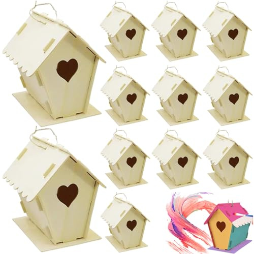 12Pcs Bird House Kit DIY Unpainted Wooden Bird Houses Heart & Fence Birdhouse with Hanging Hook 4x4.3x5.5 Small Bird Houses for Adults Kids to Build Bird Houses Wooden Bird Houses Birdhouse Hanging