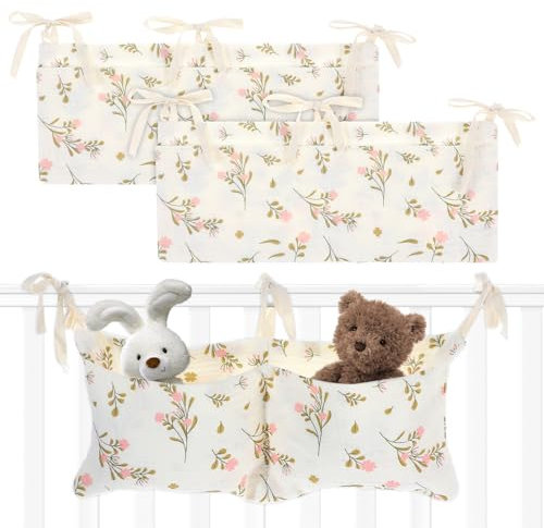 JIEYAO 2 Stück Babybett Organizer Hängend, Babybett Aufbewahrungstasche mit 2 Taschen Verstellbarer Betttasche Kinderzimmer Bett Organizer Organizer Beistellbett Baby für Windeln Kleidung Spielzeug