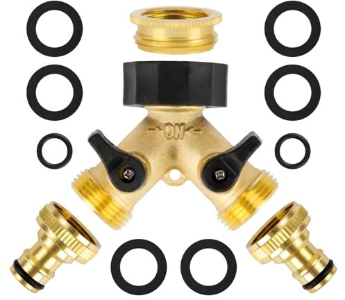 2 Way Brass Tap,Garden Hose Splitter, Y Valve, Two Way Tap Manifold Garden with 2 Individual 3/4” Brass Water tap Connection, Pipe Splitter Connector for Home Garden Outdoor