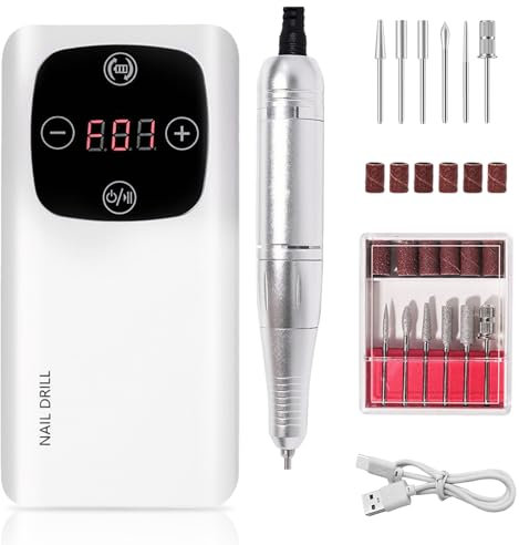 Ponceuse à Ongles Professionnelle | 45000 Tr/Min Rechargeable, Vitesse Réglable + Écran LCD, Kit Manucure Pédicure Salon/Maison (Blanc)