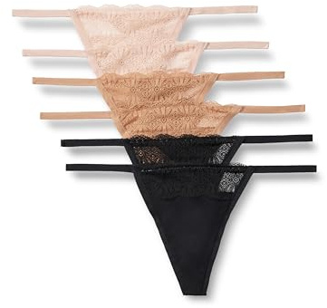 Amazon Essentials Women's Peached Microfiber with Lace Trim G-String, Pack of 6, Black/Soft Petal/Washed Bronze, Medium