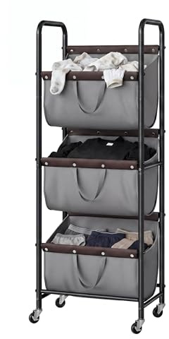 GRANNY SAYS Trieur à linge à 3 nouettes, panier à linge avec roulettes, organisation et rangement de la buanderie, chariot à linge à roulettes à 3 sections pour dortoir, salle de bain, chambre à