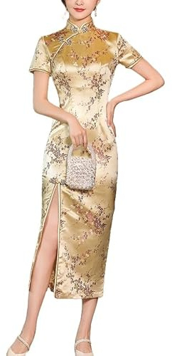 Robe Longue Cheongsam pour Femme, Broderie De Fleurs De Prunier, Robe De Soirée Gothique, Fente Latérale, Élégante, Qipao, Satin, Maxi, Chinoise pour Cocktail, Dorée, Taille S