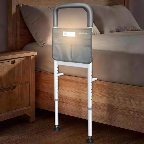 Agrish Barrière de lit pour personnes âgées avec lumière de mouvement et poignée réglable