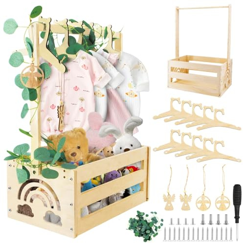 ZOCONE Geschenkkorb Baby Personalisiert Holzkiste Babyparty Geschenk Holz Babykorb mit Griff Kleiderbügel Dekorblättern und Engel-Tag, 23 * 34 * 50cm Praktisch Holzkorb Geschenk für Baby Shower