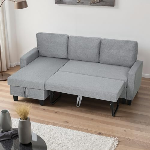 HOMCOM Corner Sofa Bed with Storage, Convertible L-Shaped Sleeper Sectional Couch with Reversible Chaise, Linen Fabric 3 Seater Pull Out Sofa Bed for Living Room, Grey