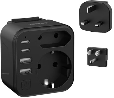 JSVER Universaladapter med 3 Utbytbara typ B/G/C-kontakter och 2 AC-kontakter,2 USB-portar och 2 USB-C-portar med Switch,Internationell laddare för Spanien,USA,Storbritannien,EU/Singapore/Mexiko-Svart