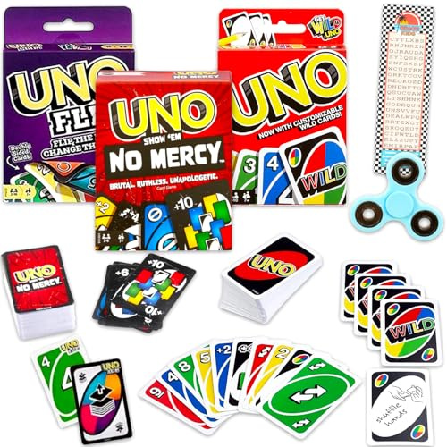 Mattel UNO Erweiterungsdeck – 3-teiliges Set mit allen wilden, umgedrehten und unbarmherzigen Decks für Kinder plus Lesezeichen, mehr | Kartenspiele für Kinder, Nacht