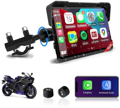 Jansite Carplay Moto Android Auto con TPMS, 7 GPS Moto Navegador Pantalla Táctil Resistente al Agua IP67 Bluetooth Siri y Asistente de Google