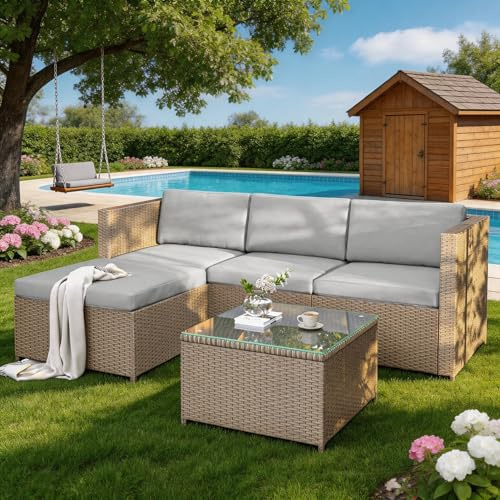 Salon de jardin exterieur,Ensemble de canapés de salon en polyrotin,salon de jardin,canapé d'angle,ensemble de canapés avec coussins d'assise et de dossier,table de salon avec plateau en verre(Kaki-3)