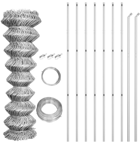 QJBSAVVA Set di recinzione in rete metallica zincata, 15 x 1,5 m, set completo con pali e barre diagonali, recinzione quadrata per giardino e terreno, argento