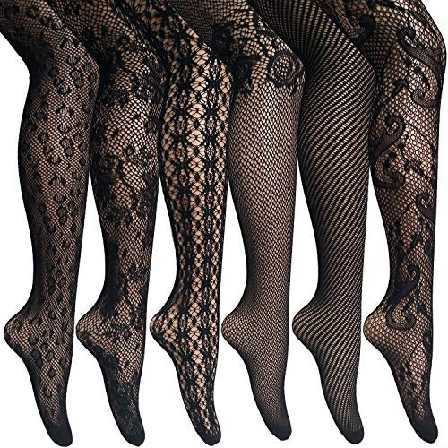ANDIBEIQI 6 par sexiga strumpbyxor, sömlösa, blommiga nätstrumpbyxor, nylonstrumpor, svarta, 6 x svart, en storlek