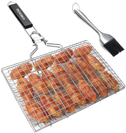 Fish Grilling Basket, Folding Portable Stainless Steel BBQ Grill Basket for Fish Vegetables Shrimp with Removable Handle, Come with Basting Brush and Storage Bag