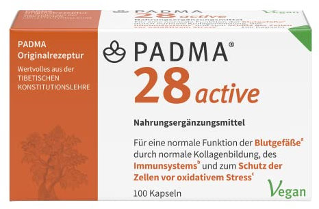 PADMA 28 active 100 Kaps. Tibetische Rezeptur 28 aus Kräutern & Mineralien + Vitamin C. Es unterstützt ein Aktives Immunsystem, die Blutgefäße, Regeneration & den Schutz vor oxidativem Stress