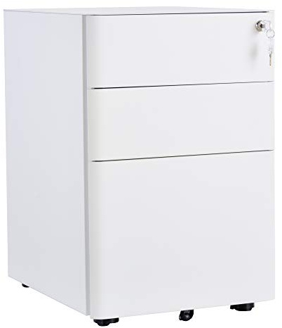 HOMCOM Vinsetto Caisson de Bureau Rangement Bureau sur roulettes 3 tiroirs coulissants verrouillables trieur à dossiers dim. 39L x 48I x 59H cm Acier Blanc