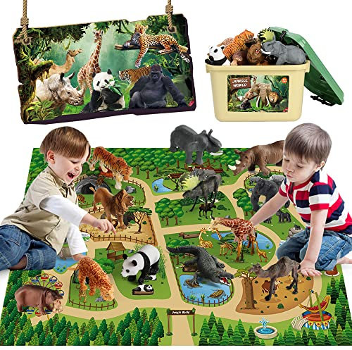 Mini Tudou 12 Pcs Safari Animals Figures Toys w/ 145x98CM Large Activity Play Mat, Realistic Jumbo Jungle Wild Zoo Animals Figurines Playset w/ Elephant, Giraffe, Lion for Kids Toddlers Boys & Girls