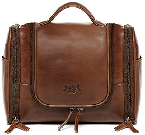 SID & VAIN große Hänge-Kulturtasche echt Leder - Kulturbeutel Dexter - Waschbeutel zum Aufhängen - Leder-Waschtasche Herren und Damen braun handgefertigt