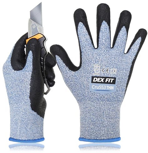 DEX FIT Cru553 Finos calibre 15, guantes resistentes nivel 4, ajuste cómodo y elástico 3D. buen agarre, recubrimiento duradero de nitrilo, táctil, lavado a máquina, ligeros, Azul 9 (L) 1 par