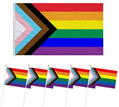 Progress Drapeau gay Pride arc-en-ciel 150 x 90 cm avec 5 petits drapeaux avec mâts de drapeau