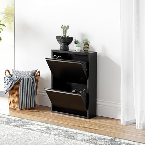 [en.casa] Schuhschrank Sokndal Schuhkipper mit 2 Klappen Metall Schuhkommode für 4 Paar Schuhe 71 x 50 x 15 cm Schwarz