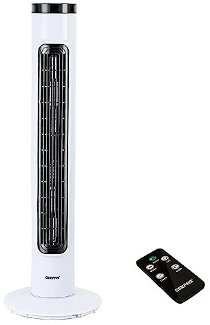 GEEPAS 32 Tower Fan with Remote Control | Portable Bladeless Oscillating Cooling 3 Speed Level 3 Mode With 7.5H Timer | Standing Energy Efficient Air Cooler for Home Office 2 Year Warranty 50W White