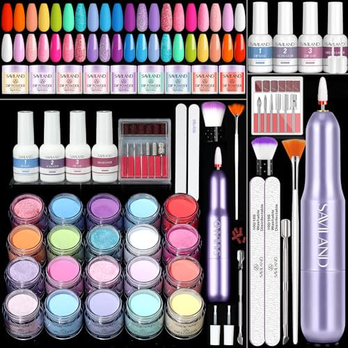 Saviland Dip Powder Nail Kit with Drill: 20 Colors Summer Dipping Powder Starter Kit with Liquid Base Top Coat Set Professional Dip System Protect Repair Home Nail Salon