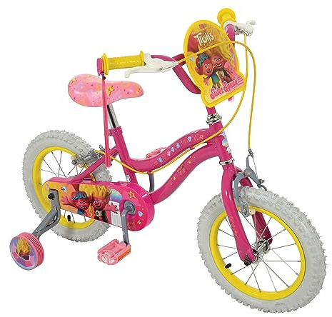 Trolls 14-Inch Kids Bike with Stabilizers -Officially Licensed for Young Fans - Sturdy Steel Frame, Pneumatic Tyres Enclosed Chainguard, Front +Rear Brakes - Adjustable Handlebar/ Seat 3+ Years
