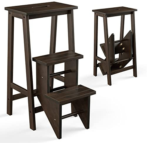 GOPLUS Taburete Plegable 3 Peldaños, Taburete de Madera Maciza, Taburete Escalera Multifuncional, con Peldaños Reversibles, Asa de Transporte, Capacidad de Carga 310KG (Marrón)