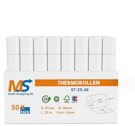 50x Kassenrollen/Thermorollen/Bonrollen 57mm x 25m x 12mm mit Lastschrifttext Bpa frei für alle gängigen Thermo Kassen-Bondrucker B: 57mm x L: 25m Ø45mm