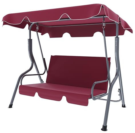 Dondolo 3 Posti Con Tettuccio Parasole Regolabile Cuscini Imbottiti Struttura Robusta In Acciaio Verniciato Da Esterno Giardino Balcone Terrazzo Piscina 170 x 110 x 153 Cm (Rosso Bordeaux)
