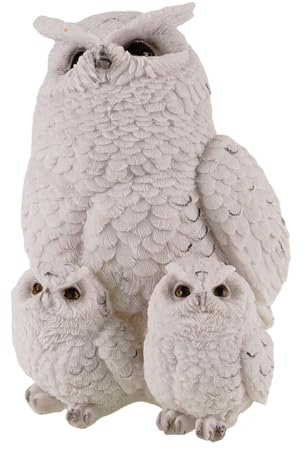 Kremers Skattkista dekorativ figur uggla med 2 små vita – skulptur 17 cm dekorativ figur fågel present djur polyresin ugglefigur Uhu