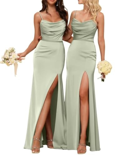 HPPEE Abito da damigella d'onore da donna, in raso, per matrimonio, collo ad anello, con spalline sottili, abito da sera lungo a sirena, formale, con spacco, Verde salvia, 40
