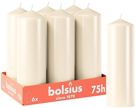 Bolsius Candele a pilastro lisce - Avorio - 6 pezzi - 20 x 7 cm - Durata 75 ore - Non profumate - Contiene cera vegetale naturale - Senza olio di palma