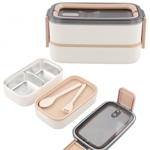 Fiambrera Bento de acero inoxidable de alta calidad - Dos niveles con divisiones, sin BPA, fiambrera para adultos, de acero inoxidable 304 respetuoso con el medio ambiente, a prueba de fugas y apta