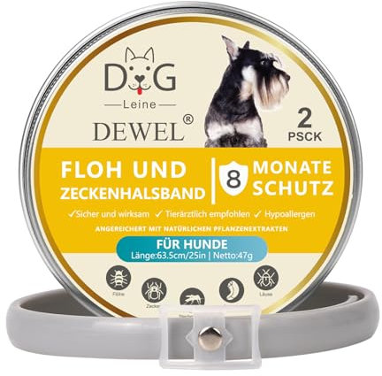 DEWEL 2pcs Zeckenhalsband für Hunde - 8 Monate Schutz- 63.5 cm verstellbar für alle Größen - Wasserdicht Hund Flohhalsband, Flohschutz Halsband für Hunde