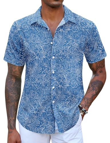 COOFANDY Camicia Hawaiana a Maniche Corte Camicie Estive da Uomo Camicia in Lino da Uomo Camicie da Spiaggia Blu M