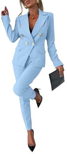 shownicer Tailleur Femme 2 Pièces Elegant Slim Fit Manche Longue Blazer Veste Formel Bureau Travail Pantalon Ensemble Blazer OL Couleur Unie Costumes Outfits A Bleu Clair XS