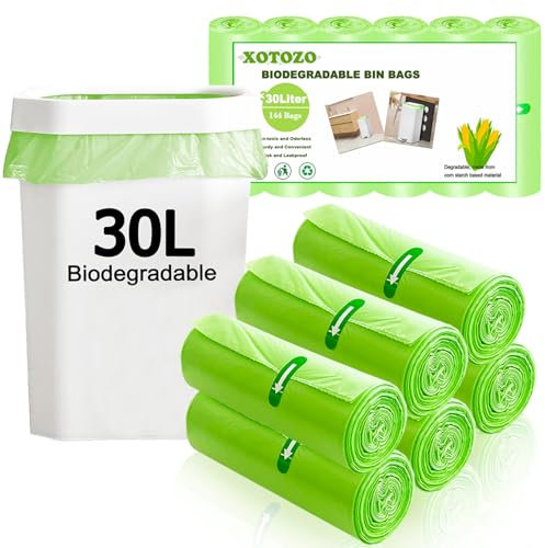 Sacchetti per la spazzatura biodegradabili da 30 litri, 144 sacchetti per rifiuti alimentari, 30 l, sacchetti per rifiuti compostabili, sacchetti per rifiuti riciclabili degradabili, per cucina, bagno